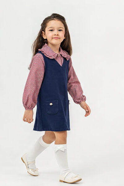 Minoviababykids Kız Çocuk Pitikare Gömlekli Jile Elbise Takım Fırfır Yaka Cepli