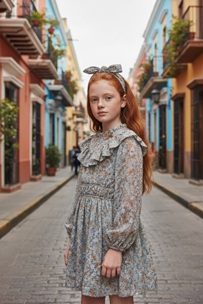 Monna Rosa Minimal Çiçekli Şifon Kız Çocuk Elbise