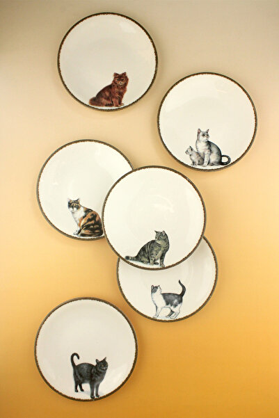 Bursa Porselen Dekor Kediler 6 parça porselen pasta tabağı