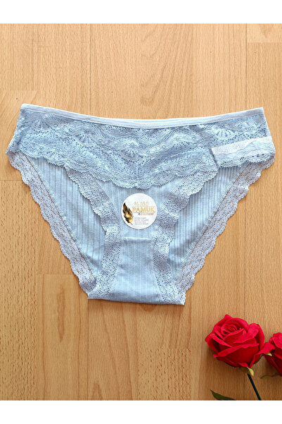 Papatya İstiridye Dantelli Jakar Detaylı Kadın İç Giyim Külot (MAVİ)
