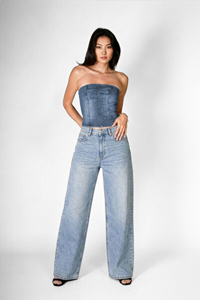 Bluewhite Ženske široke nogavice Visok struk 100% pamuk svetloplave farmerke