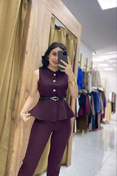 LİFERA Gold Button Detailed Peplum Vest and Pencil Trousers Two-Piece Set, Ja...