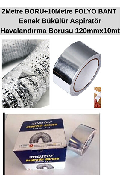 KL HOME Set Esnek Havalandırma Davlumbaz Boru Çap=120mm Boy= 200cm (+ alü Fol...