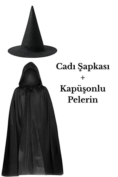 ReilaParty Siyah Keçe Cadı Şapkası ve Kapüşonlu Pelerin 2'li Set - Cadılar Ba...