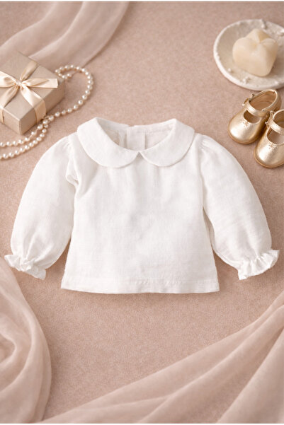 ipek atlas Kız Bebek Ve Çocuk Bebe Yaka Uzun Kollu Fırfırlı Müslin Gömlek