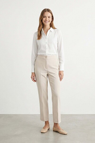 Puane Women's Classic Cut High Waist Fabric Trousers-M1819Pnt - Beige