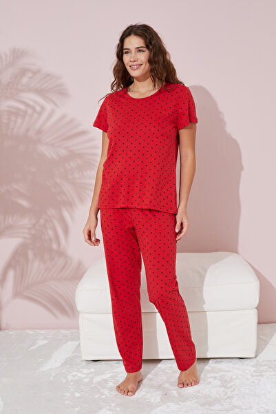 Siyah İnci Pamuk komad crvene Pujan Sa deznom Pleteno pidžama set