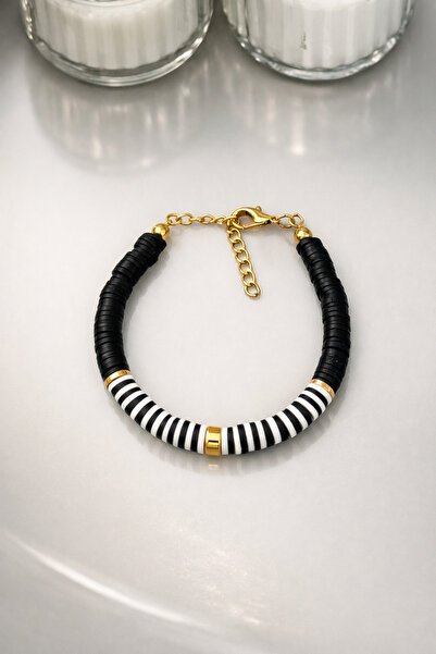 HERCY سوار فيمو باللونين الأسود والأبيض |   سوار مرصع بالخرز بتفاصيل ذهبية