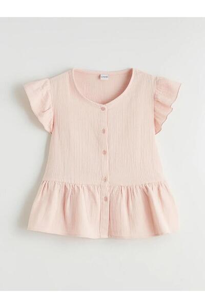 LC Waikiki Ružičasta košulja za devojčice od muslina sa V-izrezom i detaljnim...