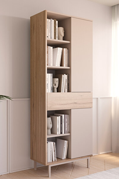 Yurudesign Sedra Kitaplık Raf Ahşap Ayaklı 189cm 2 Kapaklı Çekmeceli Kumsal-S...