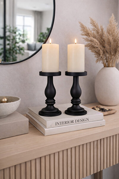 justwood 2 Li Siyah Luna Model Tabaklı Ahşap Şamdan Seti, Dekoratif Şamdan - ...