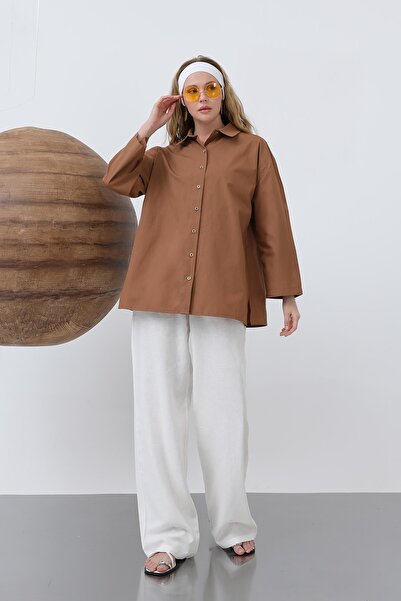 Loreen Women's Wide Sleeve Basic Cotton Shirt - 20655Gml - Brown