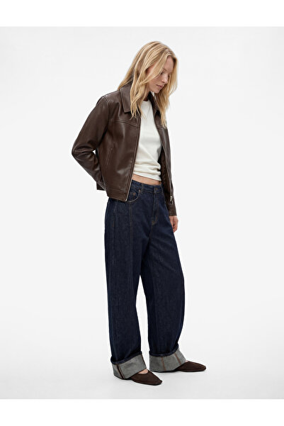 Koton Long Sleeve Zippered Pocket Pack Shirt Collar Cropped Faux Leather Jacket