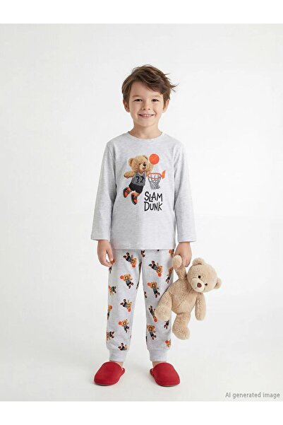 LC Waikiki Siva Štampano Dečak Pamučni džersej Pidžama set (S6)