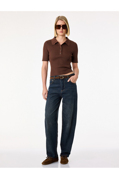 Koton Cotton Buttoned Pocket Regular Waist Straight Leg Denim Trousers - Tape...