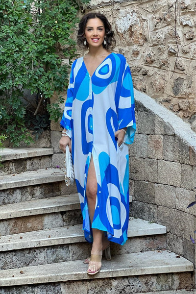Nevin Kaya Moda Blue Evil Eye Pattern Shirt Dress