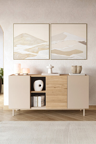 Yurudesign Sedra Konsol 3 Kapaklı Raflı Ahşap Ayaklı 150cm Kumsal-Sepet SD6-CS