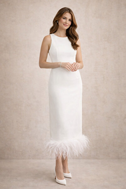 LACASE Beyaz Tüylü Otriş Detaylı Midi Boy Abiye Nişan Söz Nikah Evden Çıkış E...