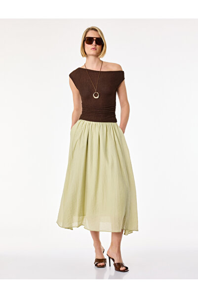 Koton Viskon Kumaş Pile Detaylı Cepli Çan Kesim Midi Etek