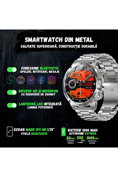 gitech Smartwatch metalic cu apeluri Bluetooth, lanternă, notificări, SMS, limba română, curea cadou