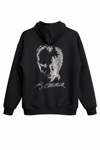 MOONBULL Unisex Atatürk ve Atatürk İmzası Taş Sırt Baskı Detaylı Kanguru Cepl...