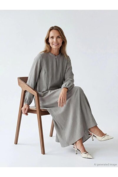 LC Waikiki Gri Bisiklet Yaka Balon Kollu Elbise (S6)