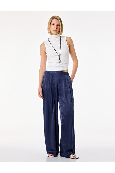Koton Regular Waist Pleated Wide Leg Satin Trousers with Pocket Detail