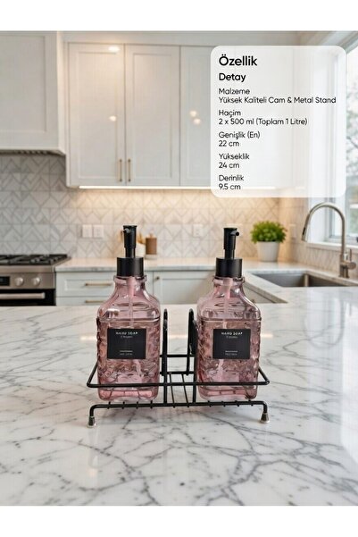KLARHAUS Modern Çizgili Cam İkili Sıvı Sabunluk & Deterjanlık Seti - 500ml St...