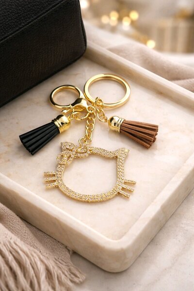 mos&more Taşlı Gold Kiraz Anahtarlık, Çanta Süsü , Çanta Aksesuarı, Araba Süsü