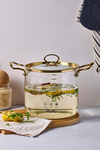 Perotti لوجان - قدر زجاجي 5.5 لتر بغطاء ذهبي 20x20 سم