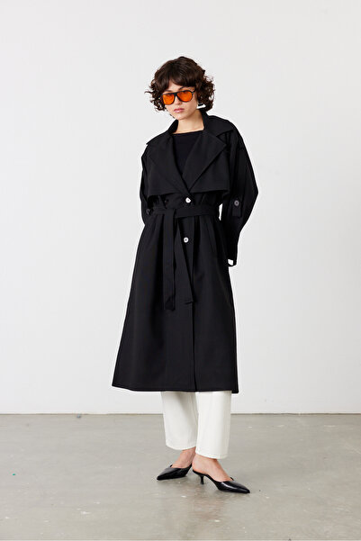 FACETTE Trench oversize cu mâneci epoleți și șapcă de vânt, negru