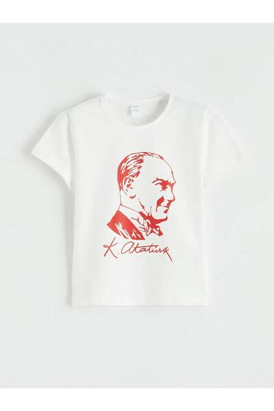 LC Waikiki Κόκκινο μπλουζάκι για κορίτσια με στάμπα Ataturk και λαιμόκοψη ποδ...