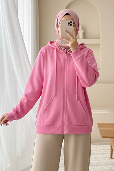 Modamorfo Hooded Zippered Pocket Pack Combed Cotton Sweatshirt - Pink
