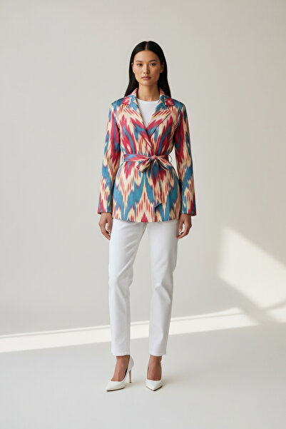 HN Loom Aurora İkat Kuşaklı Düğmeli Kadın Ceket - El Dokuma %100 Pamuk