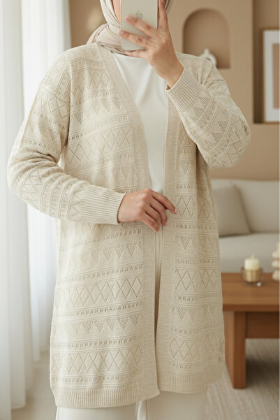 Modamorfo Mixed Patterned Openwork Knitwear Cardigan - Stone