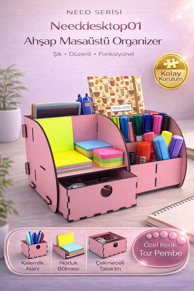 Need Masaüstü Düzenleyici Ahşap Organizer Seti Pembe