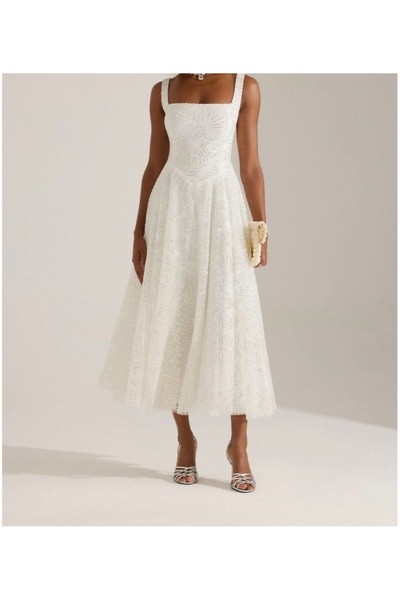 UZER Işıltılı simli Jacquard Dokulu Kare Yaka Couture premium abiye Elbise