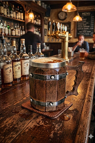 MINDA Fıçı Kupa Bardak Ahşap Görünümlü Çelik Paslanmaz Bira Bardağı 450 ml