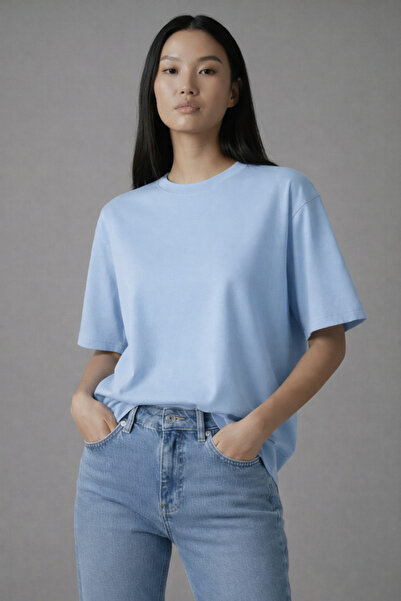 Maison La Femme Tricou oversize din bumbac pentru femei, albastru bebeluș, fă...