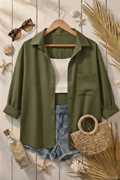 Modabenna Cămașă oversize din bumbac și in, kaki, cu buzunare, cu umăr liber,...
