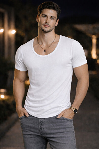 BYBÜLENT Erkek Oval Yaka Tişört Açık Yaka Likralı Slim Fit T-shirt Beyaz Vr013