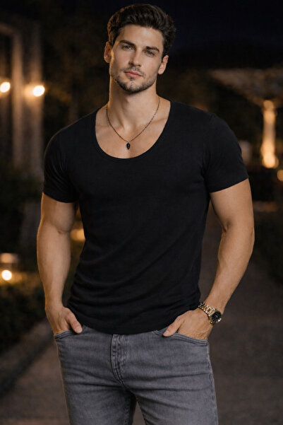 BYBÜLENT Erkek Oval Yaka Tişört Açık Yaka Likralı Slim Fit T-shirt Siyah Vr046