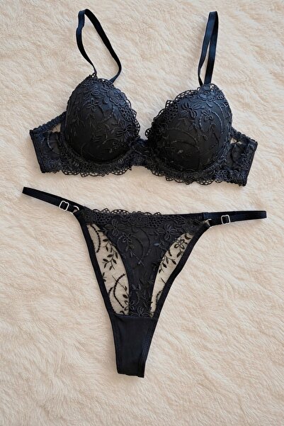 RUYAZ Dantelli Destekli Push Up Sütyen Külot Takımı Siyah İç Çamaşırı Takım