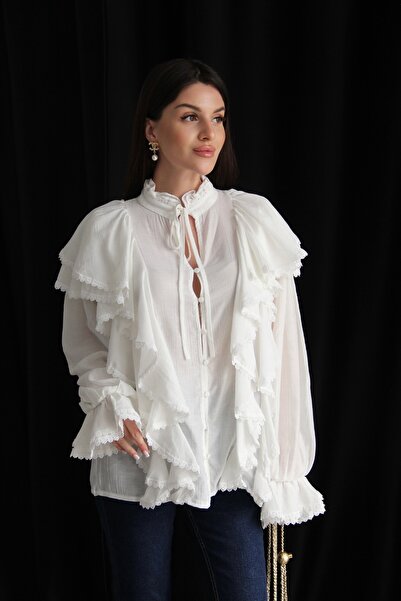 Julidress Ekru Beyaz Dantel ve Bağlama Detaylı Premium Vintage Gömlek