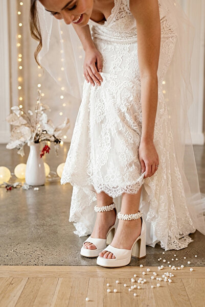 Modavien Pantofi de mireasa cu platforma de 10 cm de dama cu perle albe