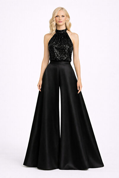 MERT ERKAN High Waist & Wide Leg Black Satin Trousers