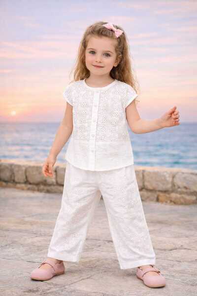 lumo bella kids Devojčin beli Čipka detaljan letnji set - stilski dvodelni ko...