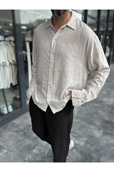 BYBASICMAN Bež košulja sa finim uzorkom C Prugasto K Lan G-5187/11