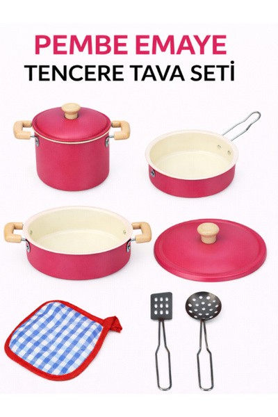 a v d a 8 Parça Oyuncak Pembe Emaye Tencere Tava Seti Büyük Boy | Mutfak Seti...