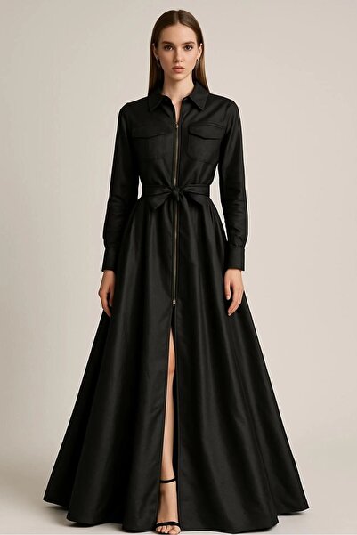 UNTIMELY فستان طويل من التفتا مع سحاب أمامي وتفاصيل جيوب عملية وحزام